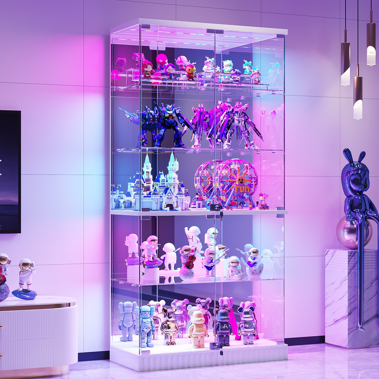 Display Cabinet with Glass Doors, Lockable Figure Display cases with RGB Lights gallery