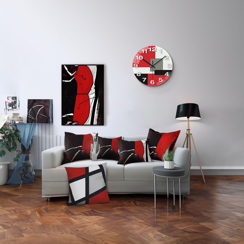 Abstract Geometric Glass 12" Wall Clock in White, Grey, Red and Black - Batte... gallery