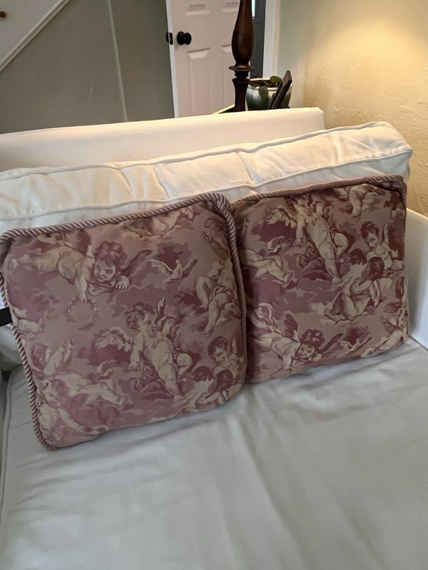 Vtg Jacquard Cherub Angel Damask Throw Pillows Pair Pink Brocade Tapestry gallery