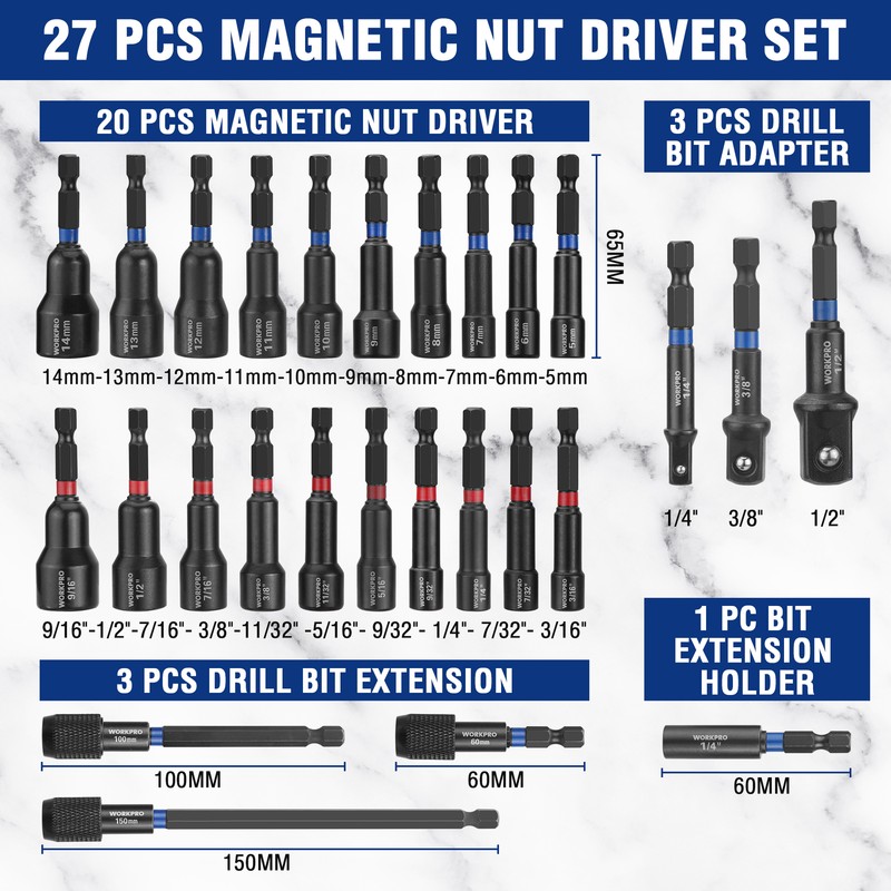 27 PCS Magnetic Nut Driver Set Impact Drill Driver Bit 1/4" Hex Shank SAE&Metric gallery
