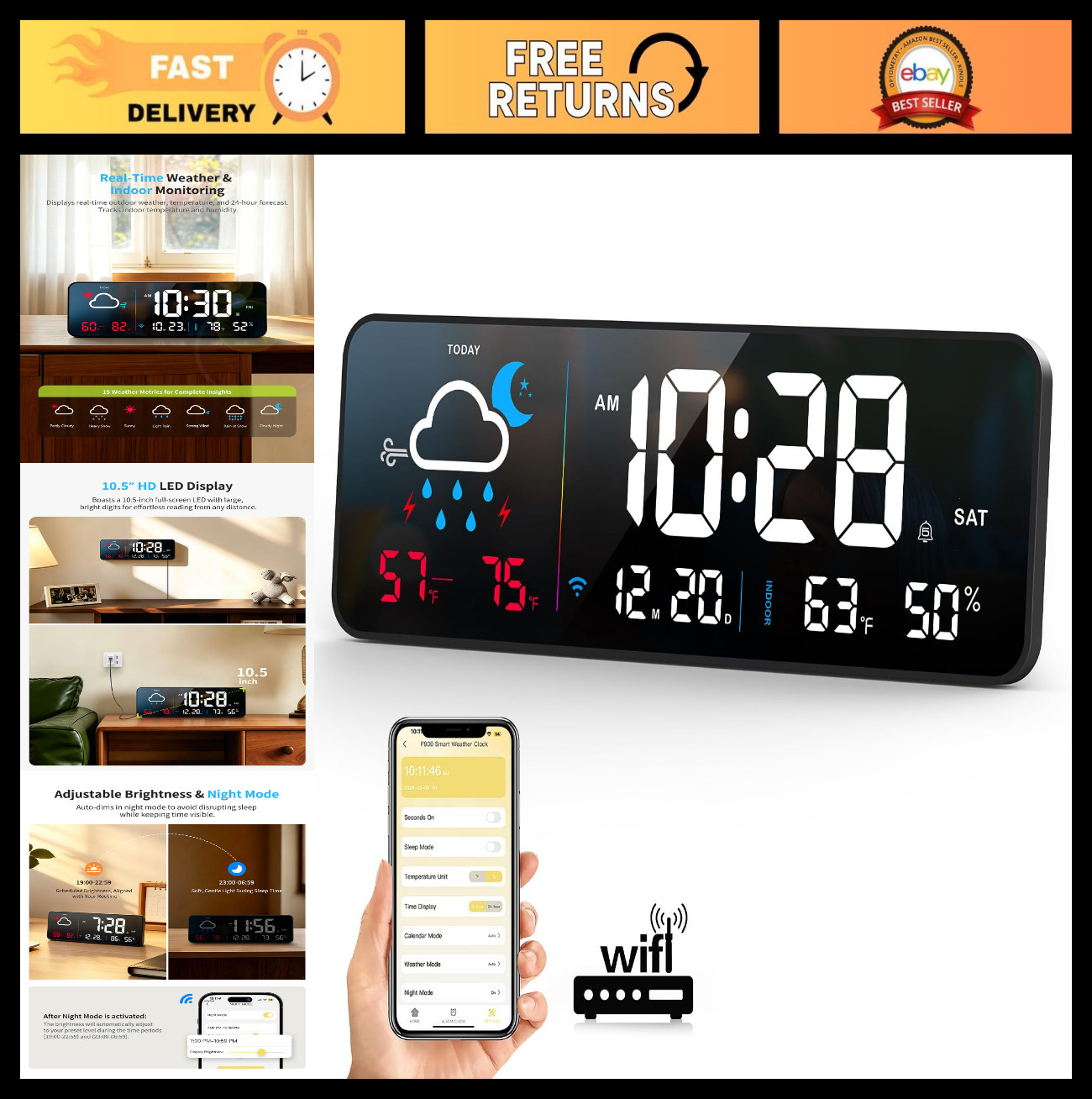 Large Digital Wall Clock with Auto-Sync, LED Alarm, Weather & Temp Display gallery