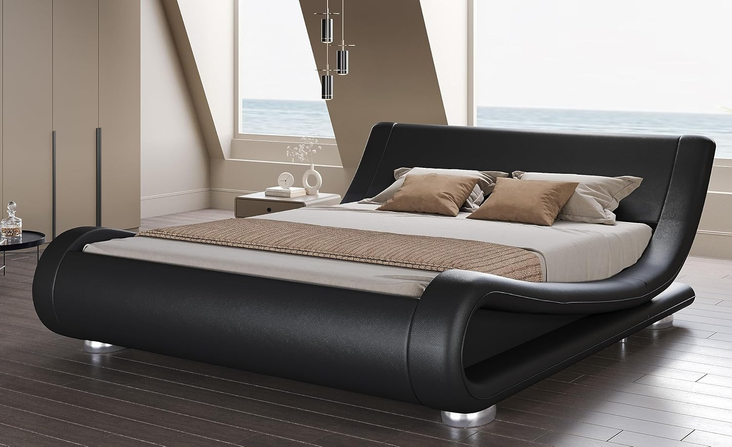 Deluxe Low Profile Upholstered Sleigh Bed Frame with Ergonomic Headboard, Black gallery