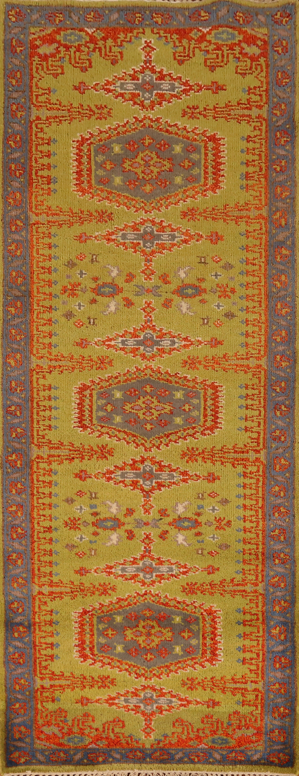 Green Wool Viss Indian 8 ft Runner Rug Geometric Tribal Hand-made Carpet 3x8 gallery