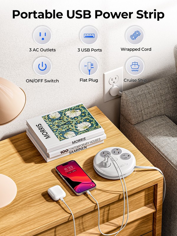 1-4x US Flat Plug Extension Cord 3 Outlet 2 USB Type C Extender Power Strip LOT gallery