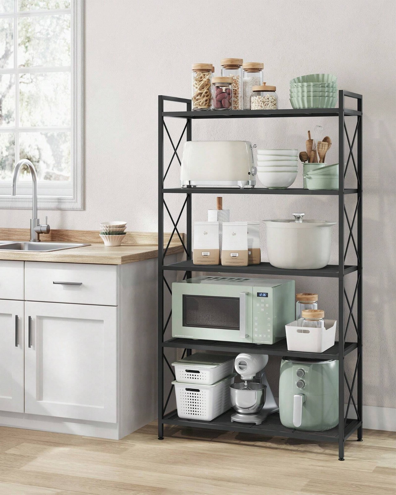 5 Tier Metal Storage Rack 31.5in Wide X Frame Mesh Shelf Black gallery