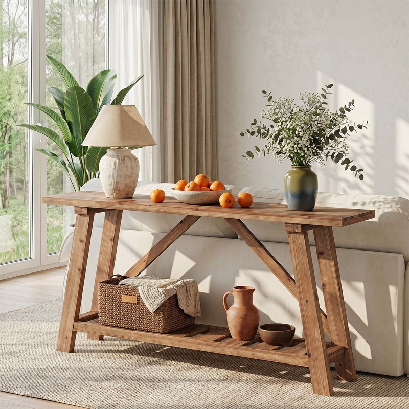 Solid Wood Console Table, 63" Long Narrow Entryway Sofa Table with Storage Shelf gallery