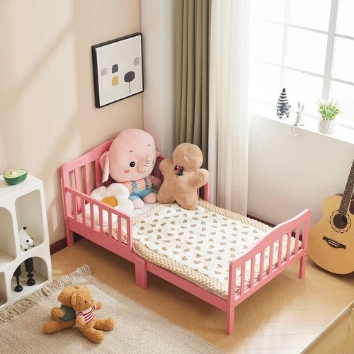 Classic Pink Toddler Bed Frame Solid Pine Wood Children's Bed w/ Rails for Girls gallery