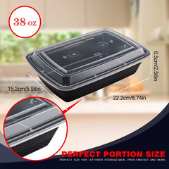 38 oz Plastic Meal Prep Food Black Containers With Lids Microwavable BPA FREE