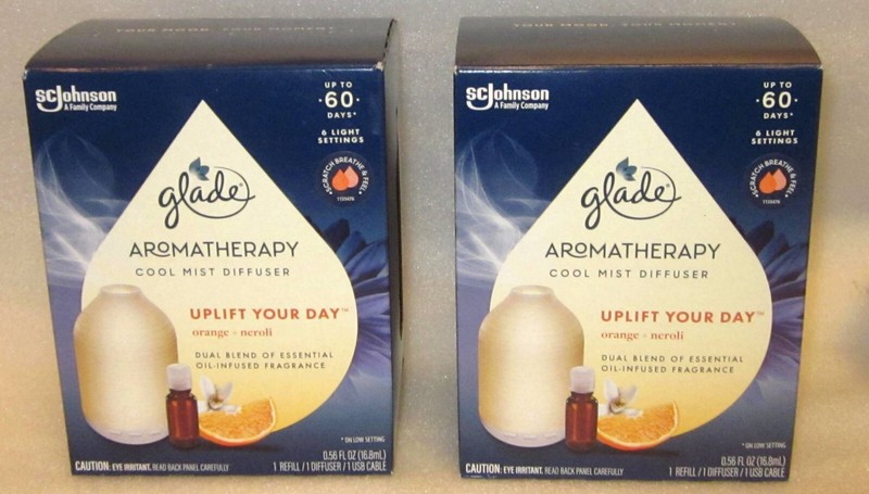 2 GLADE AROMATHERAPY COOL MIST DIFFUSER + OIL REFILL KITS ORANGE + NEROLI UPLIFT gallery