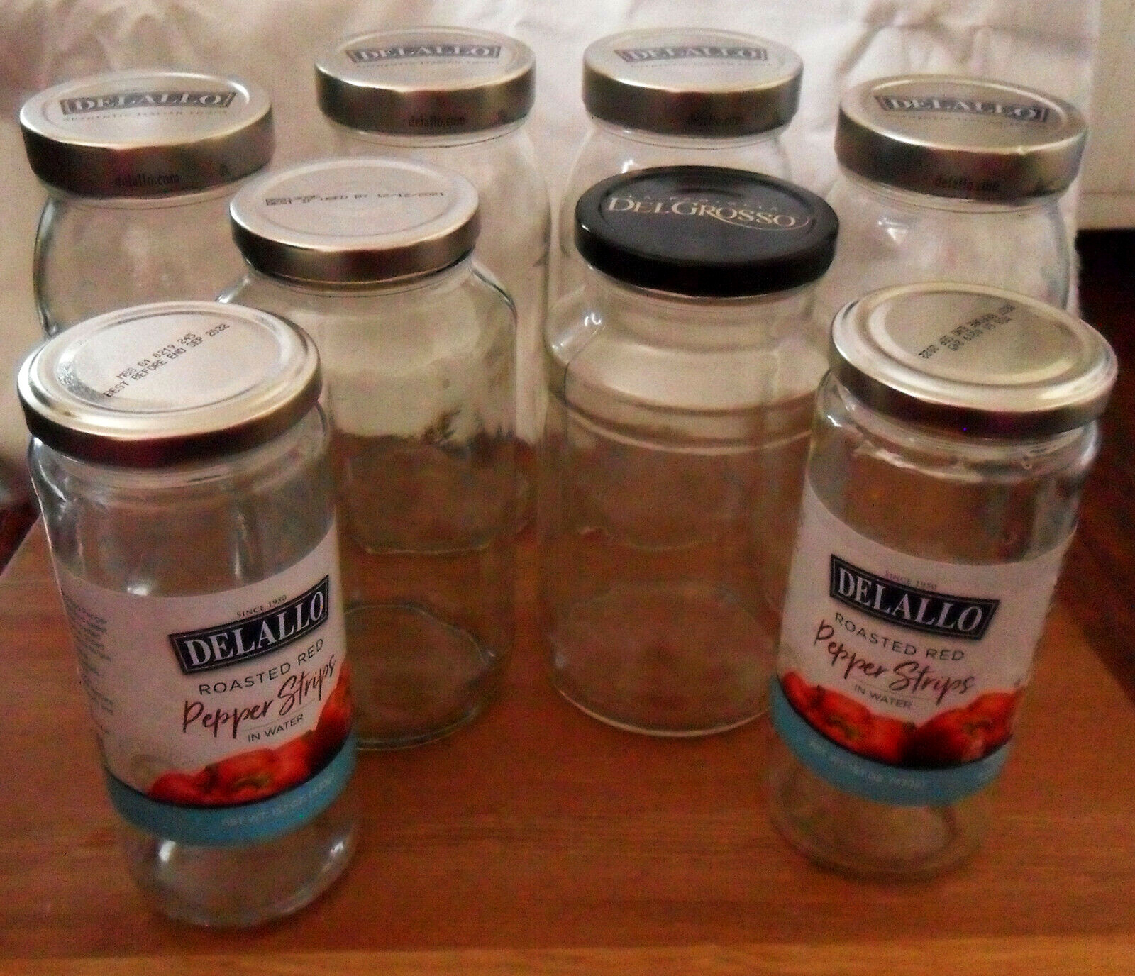 Lot: 8 Empty GLASS Taller Delallo & More JARS Containers w/ Silver or Black Lid gallery