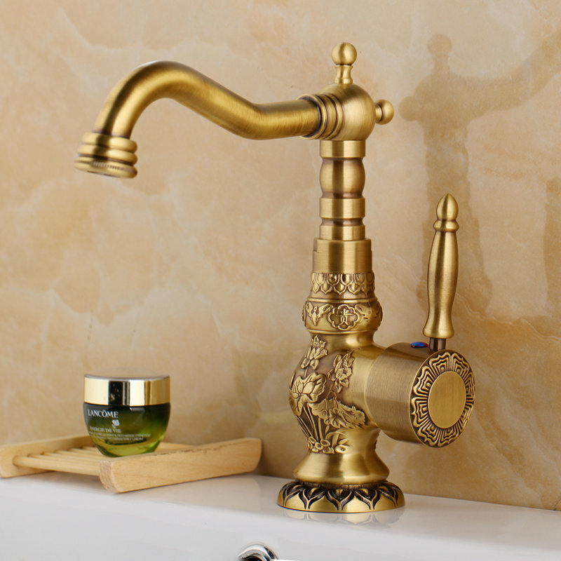 Antique Brass Deck Mount Bathroom Basin Sink Vessel Faucet Mixer Single Hole Tap
