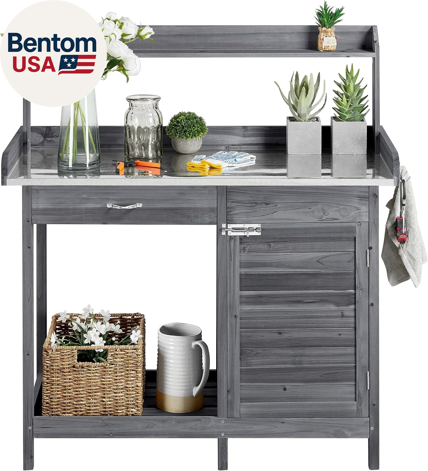 Outdoor Potting Bench Table, Garden Workstation W/Metal Tabletop/Cabinet Drawer/ gallery