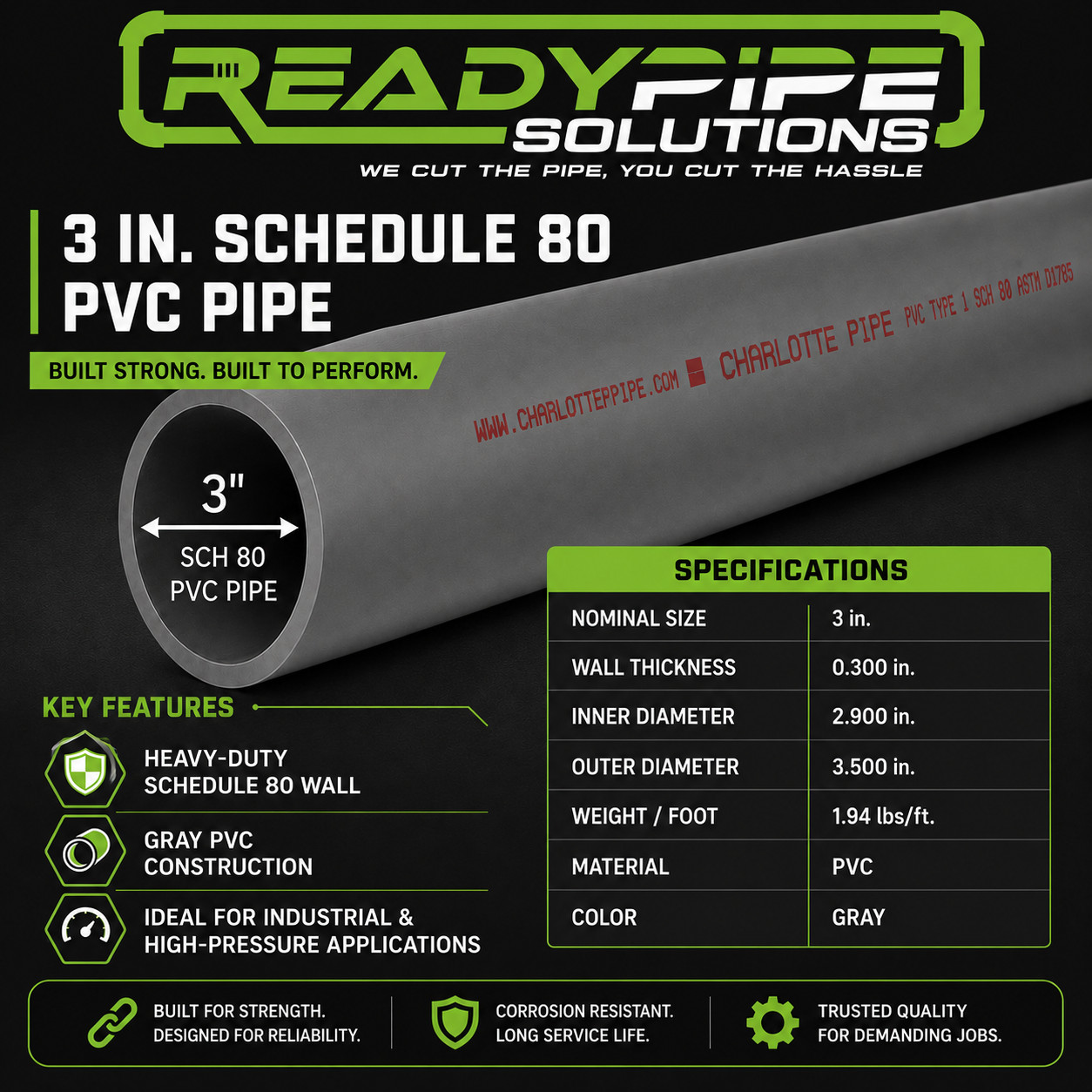 3" Schedule 80 PVC Pipe | Gray | Custom Cut Lengths 12"-96" | Pressure Rated gallery