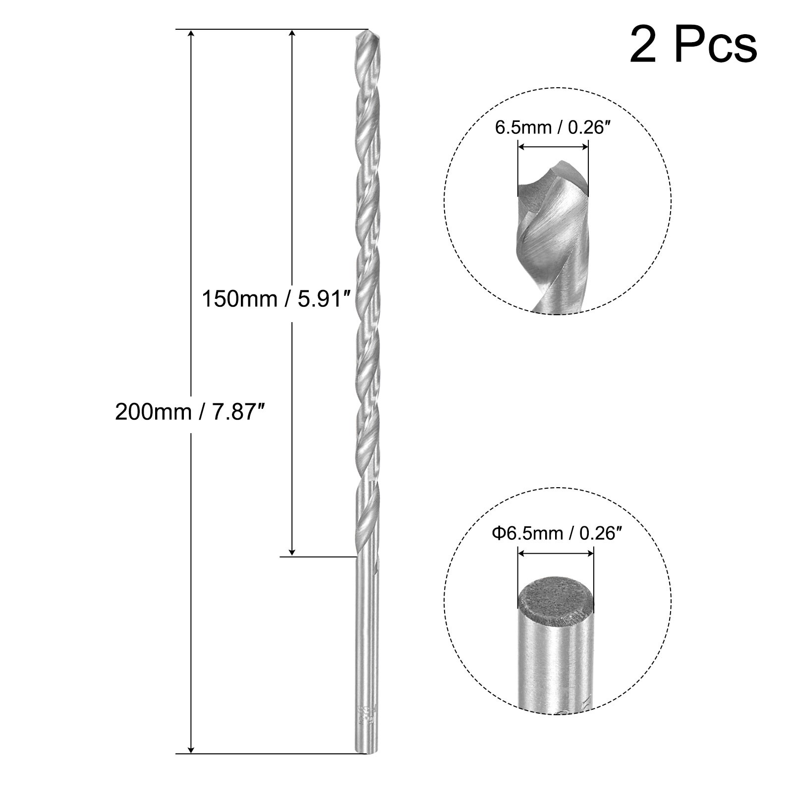 High Speed Steel Extended Twist Drill Bits 6.5mm Drill Dia. 200mm Length 2Pcs gallery
