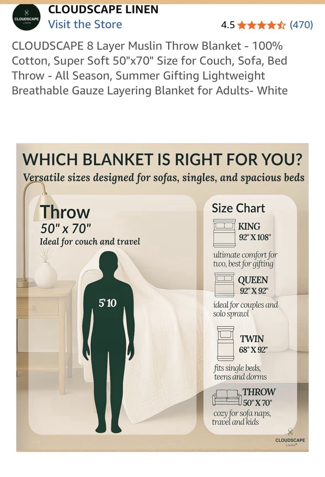 Cloudscape Linen 8 Layer Muslin Cotton Throw Blanket White 50x70 Lightweight gallery