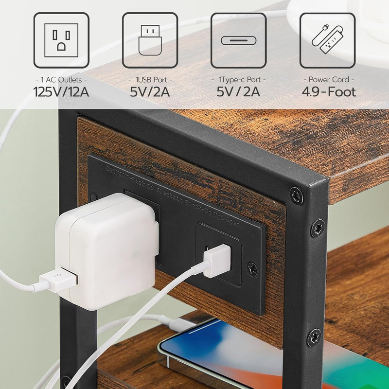 Small Narrow Side Table with Charging Station, Skinny End Table for Small Spaces gallery