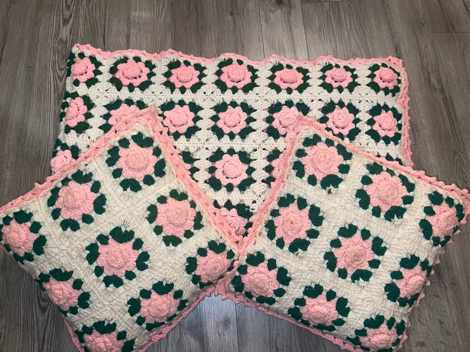 Handmade Crocheted Granny Square 3D Rose Floral Afghan Blanket 79”X72” & Pillow gallery