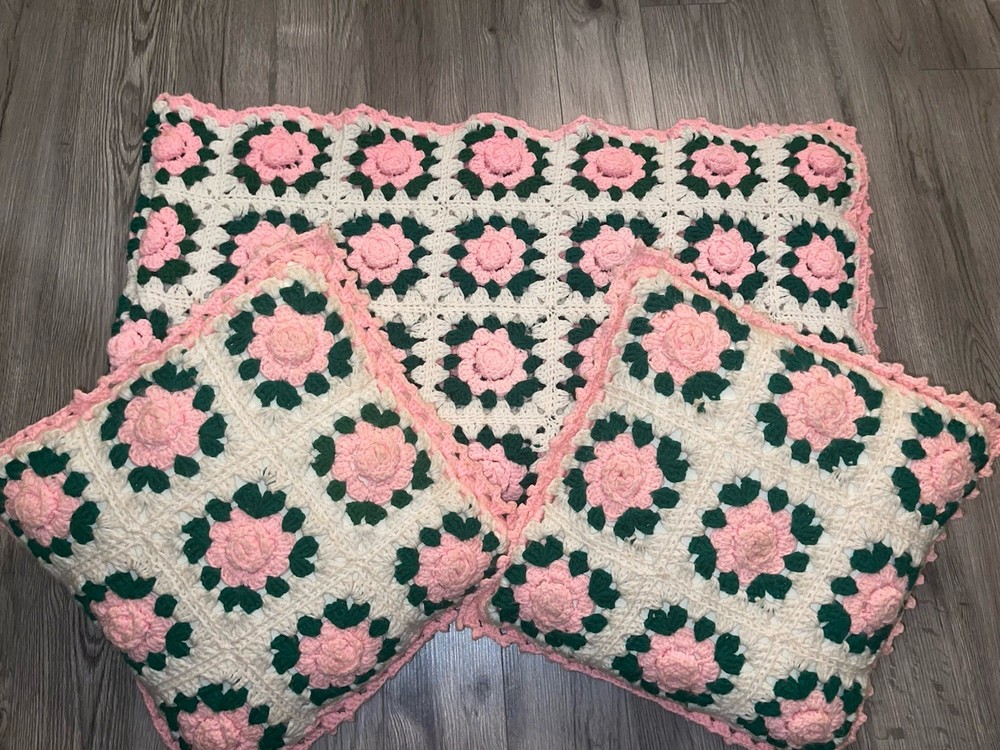 Handmade Crocheted Granny Square 3D Rose Floral Afghan Blanket 79”X72” & Pillow