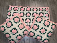 Handmade Crocheted Granny Square 3D Rose Floral Afghan Blanket 79”X72” & Pillow