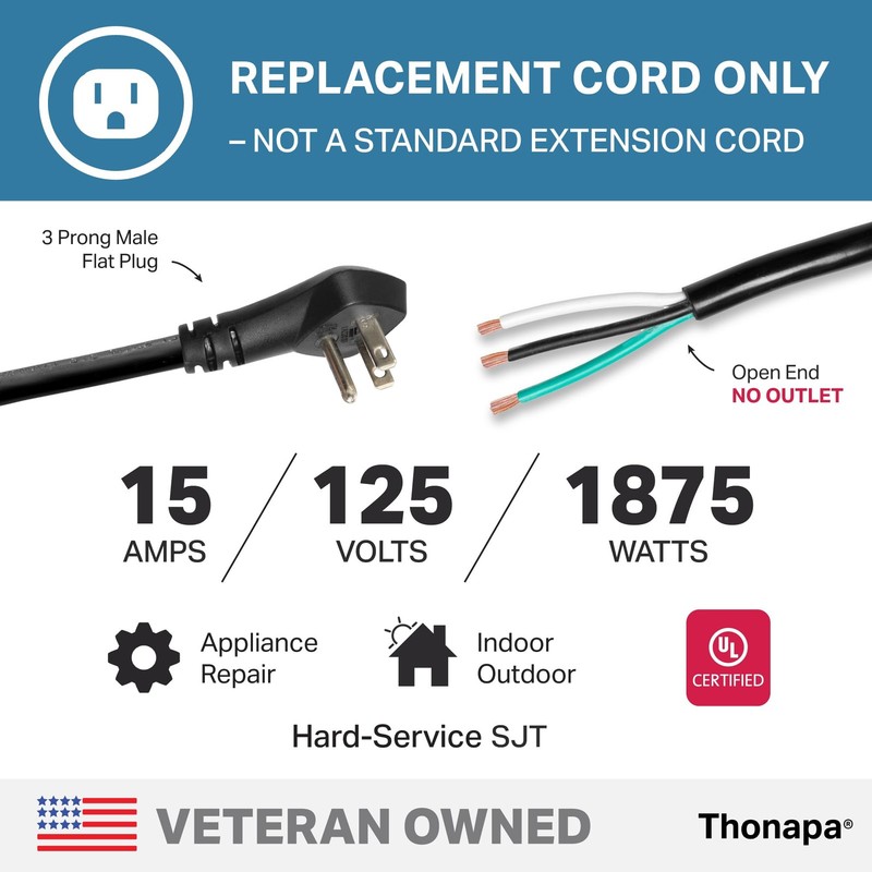 12 Gauge 3ft Replacement Power Cord Open End 90 Degree Flat Plug 15A SJTW 12/3 gallery
