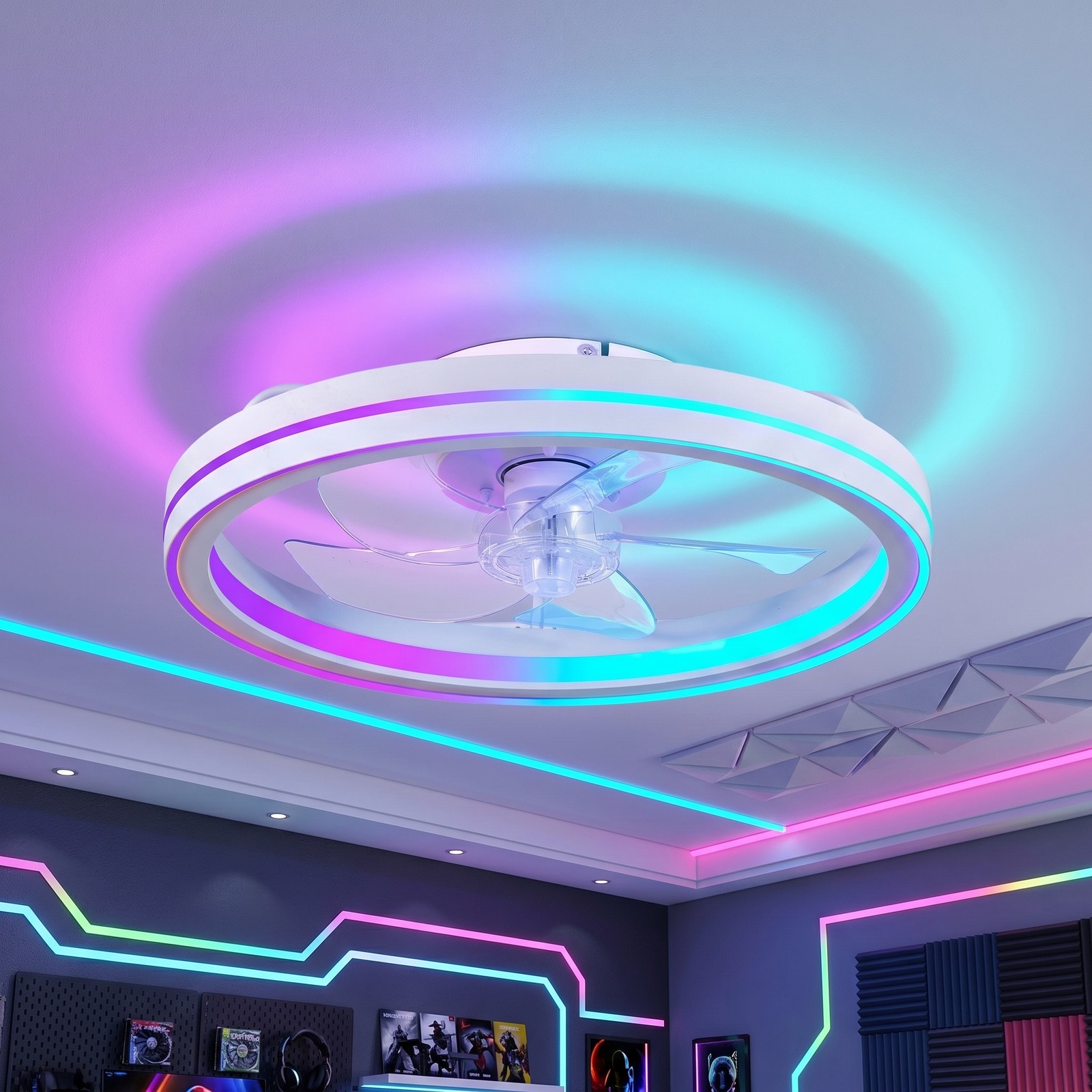 19 in Smart RGB Ceiling Fan with Light White Flush Mount Remote APP Control Kit gallery