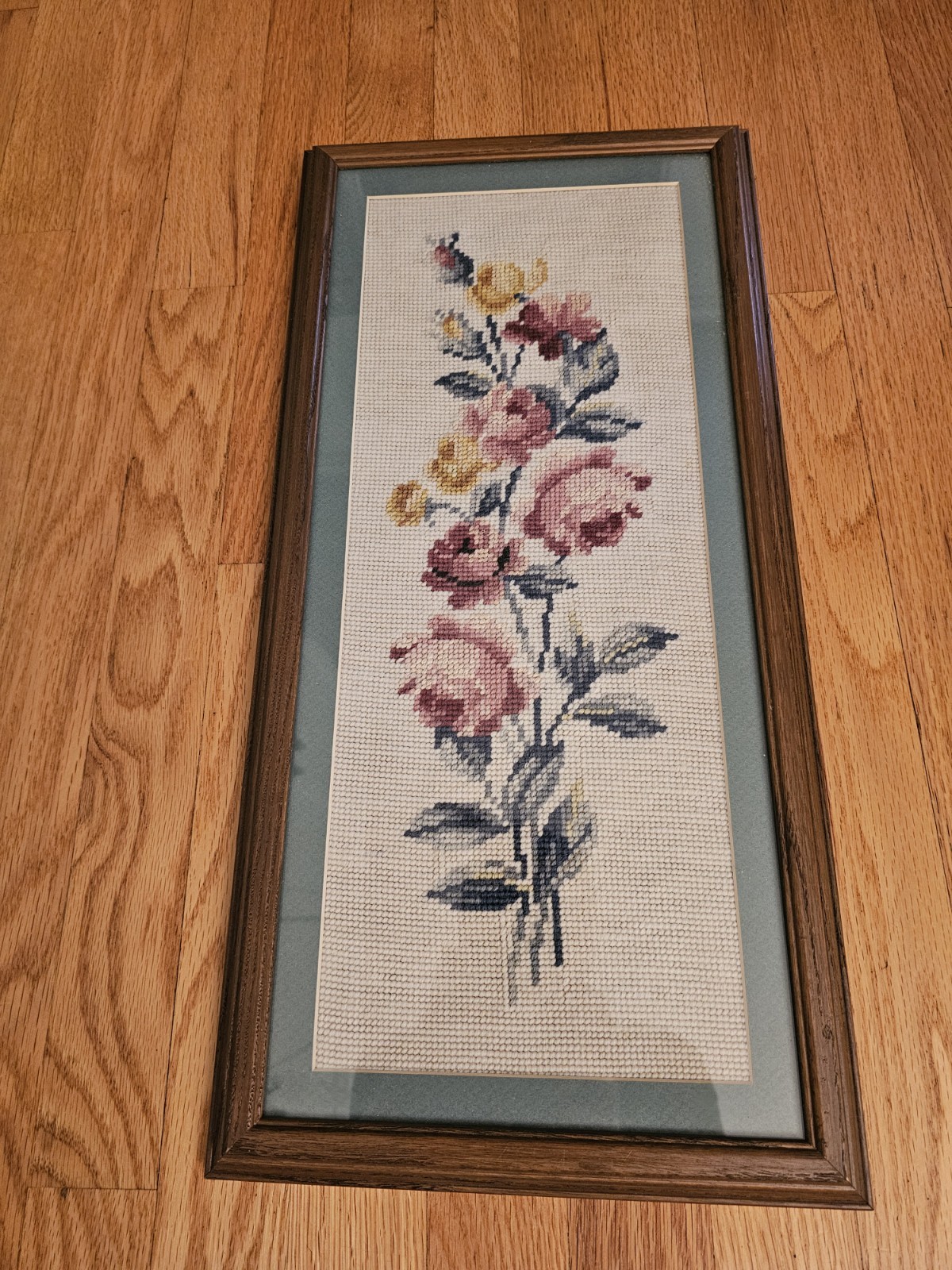 Vintage Floral Needlepoint Roses Framed W/ Glass 10.5"x21.5" gallery