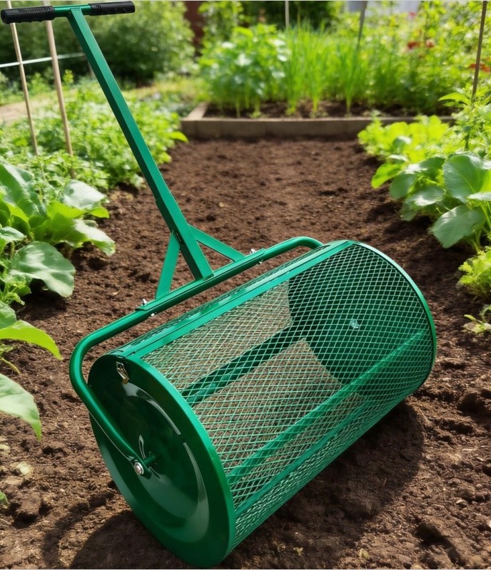 Compost Peat Moss Spreader 24 in Roller Metal Mesh T Handle Lawn Garden Care gallery