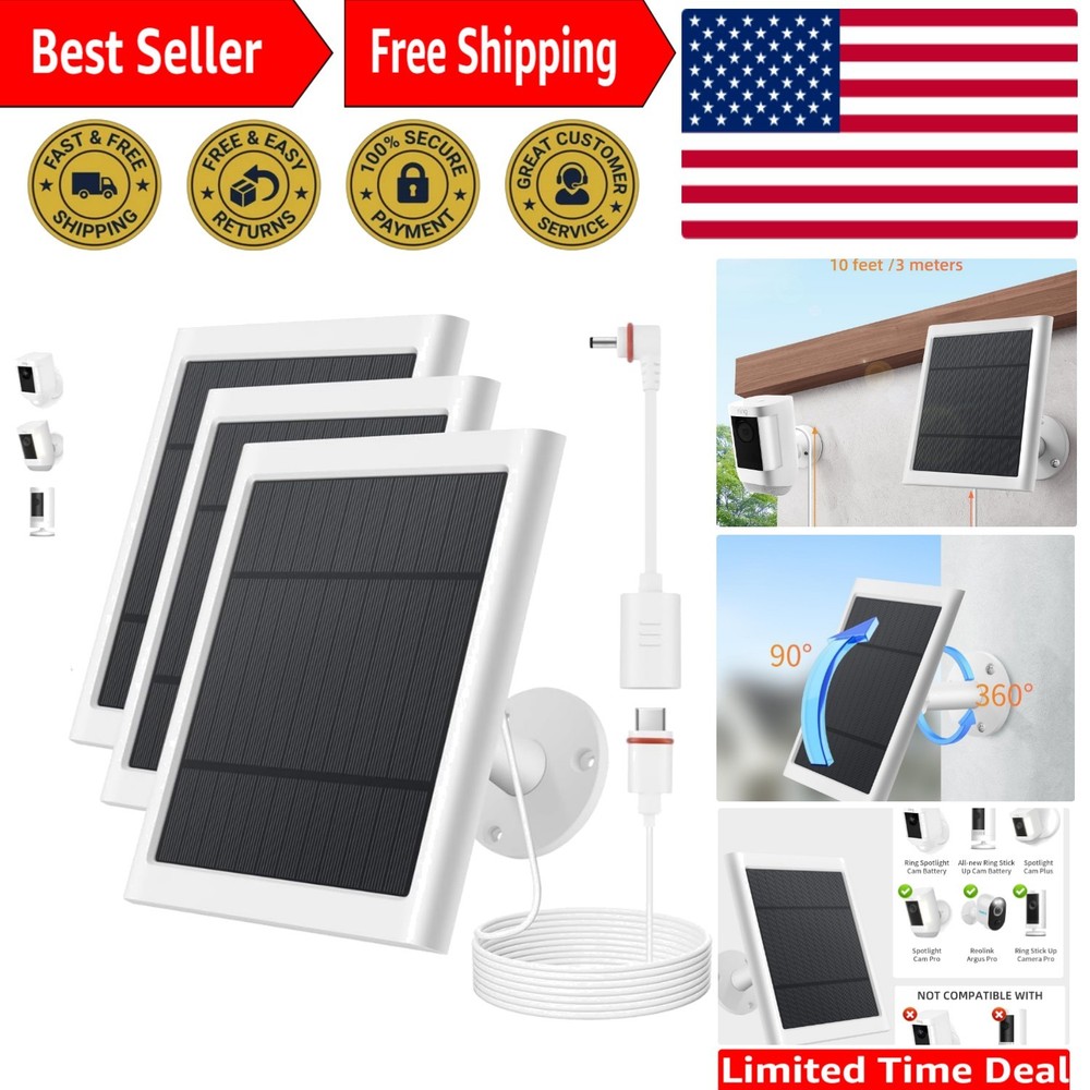 360-Degree Rotatable Solar Panel with 10ft Cable - Compatible with Ring Security