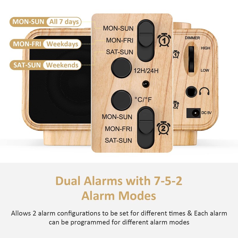 Digital Alarm Clock Radio - 0-100% Dimmer, Dual Alarm with Weekday/Weekend Mode gallery