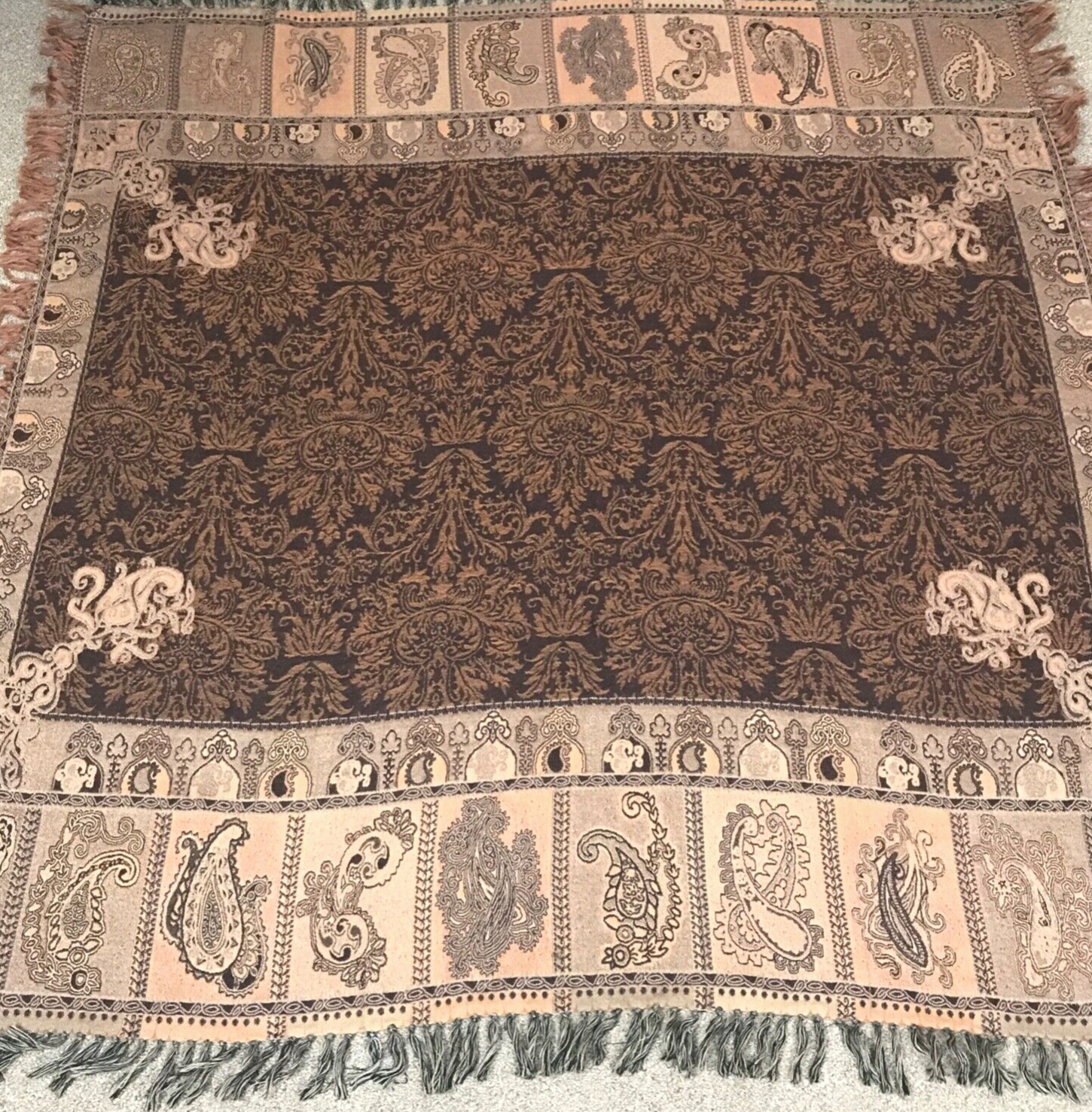 Kashmir Collection Brown Fringed Wool Throw 64" x 60" - Made in India gallery