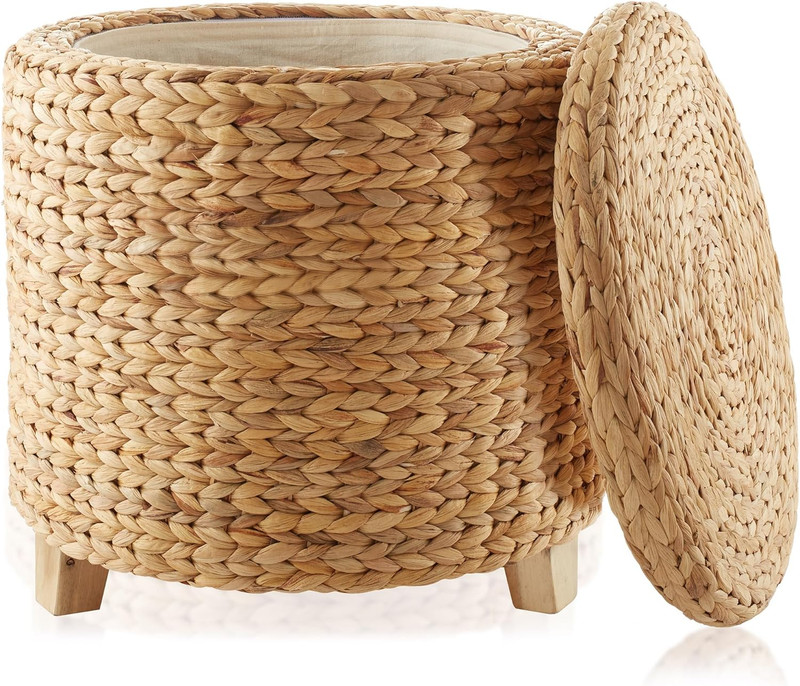 Casafield 17" round Storage Ottoman with Lid - Natural, Handwoven Water Hyacinth gallery