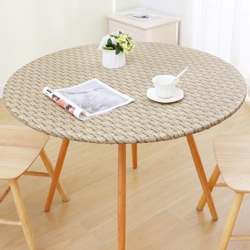 Round Picnic Tablecloth, Wipeable Flannel Backed For Up To 45"-56" Round Khaki gallery