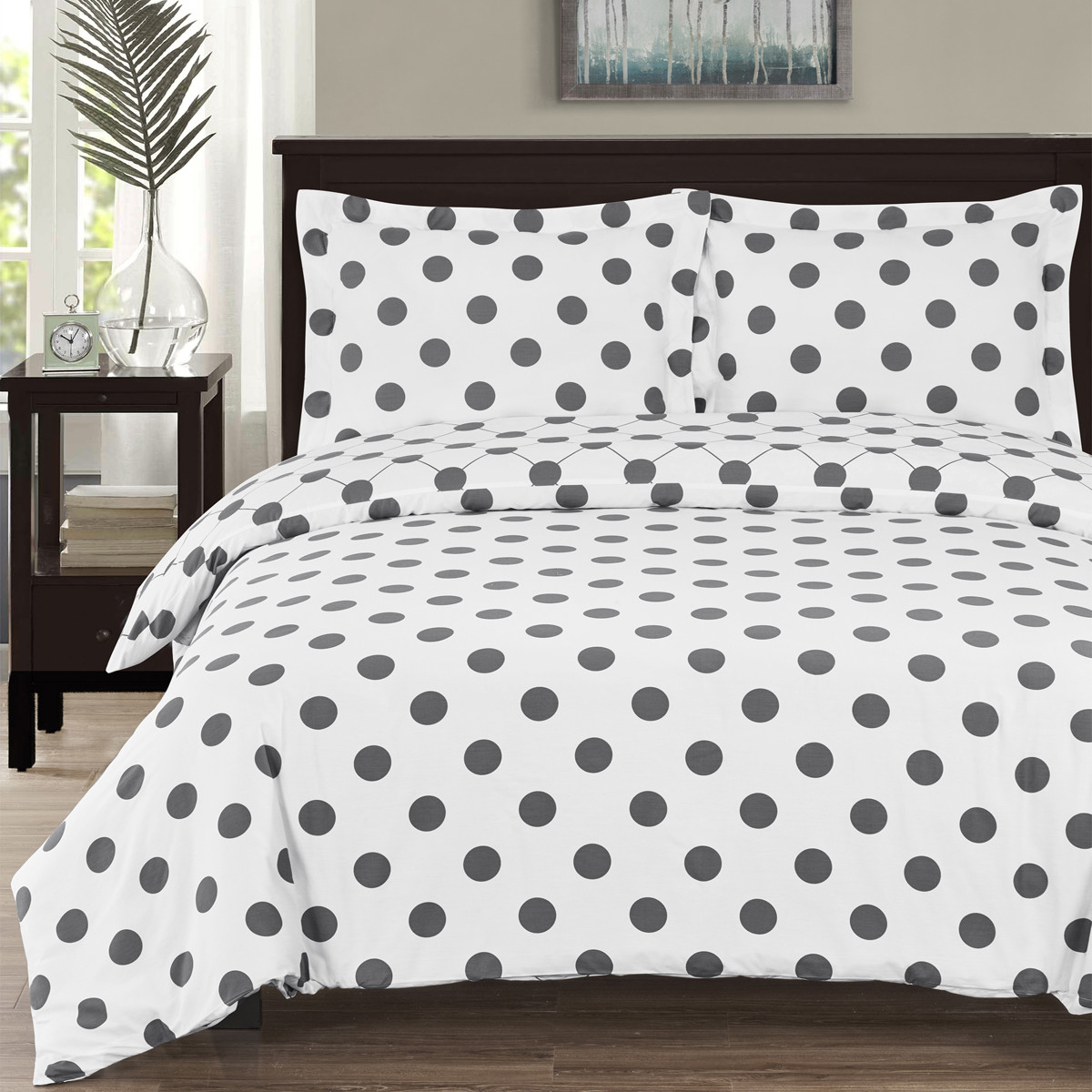 100% Cotton Percale White/Grey 3PC Polka Dots Duvet Cover With Matching Shams gallery
