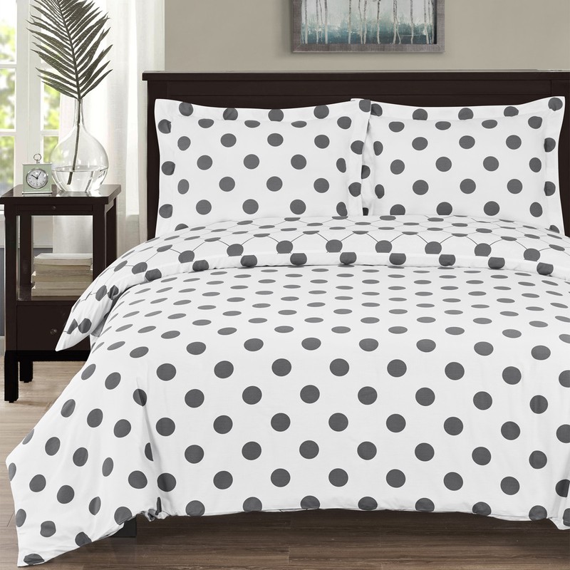 100% Cotton Percale White/Grey 3PC Polka Dots Duvet Cover With Matching Shams gallery