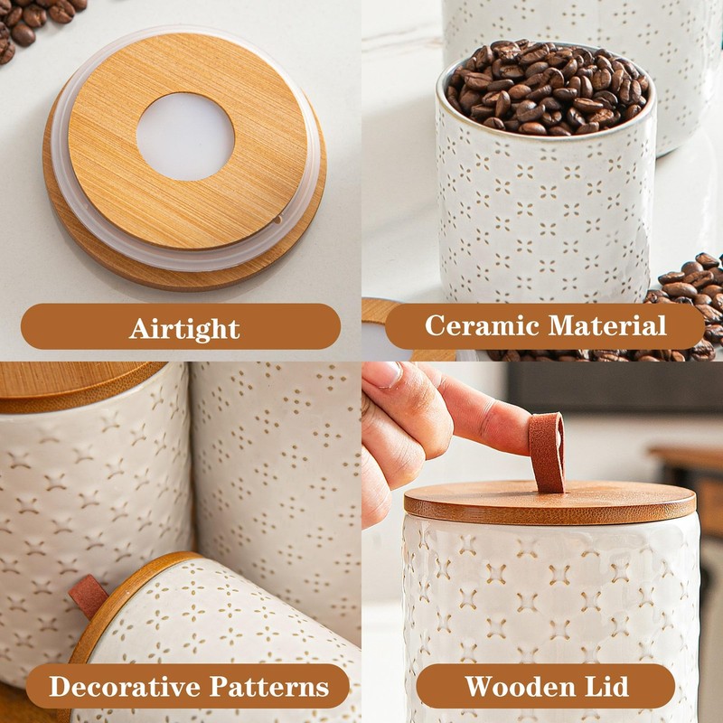 JOJUNO 3-Pc White Ceramic Canister Set with Wooden Lids - Airtight Food Storage gallery