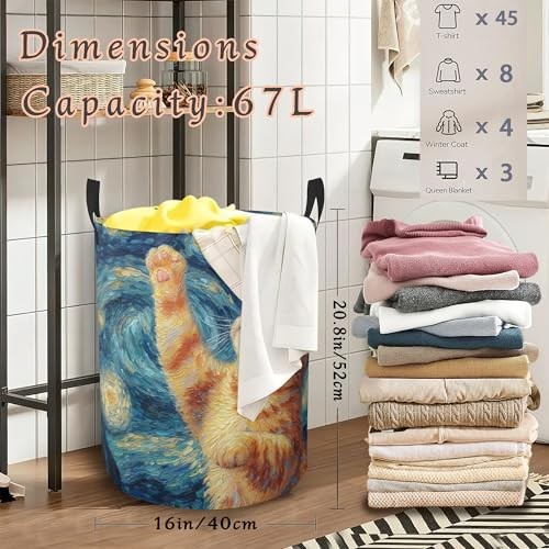 Cute Cat Laundry Hamper with Handles,Starry Night Cute Cat Starry Night Moon gallery