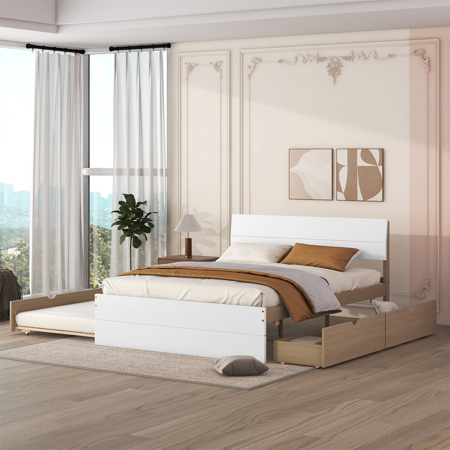 Full Size Bed Frame Wooden Platform Bed Frame w/Twin Size Trundle and 2 Drawers gallery