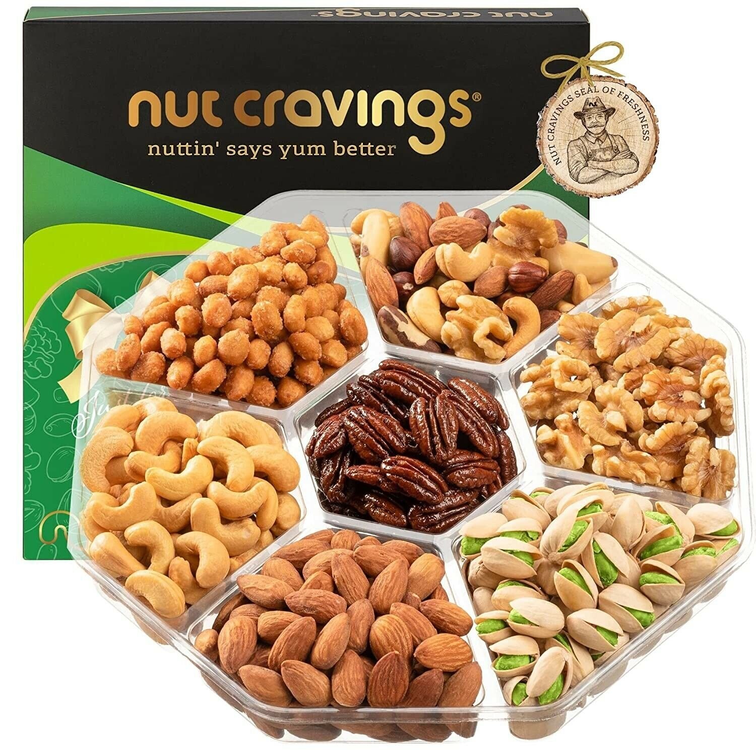 Nuts Gift Basket in Green Box Packaging (7 Piece Assortment, 1 LB) gallery