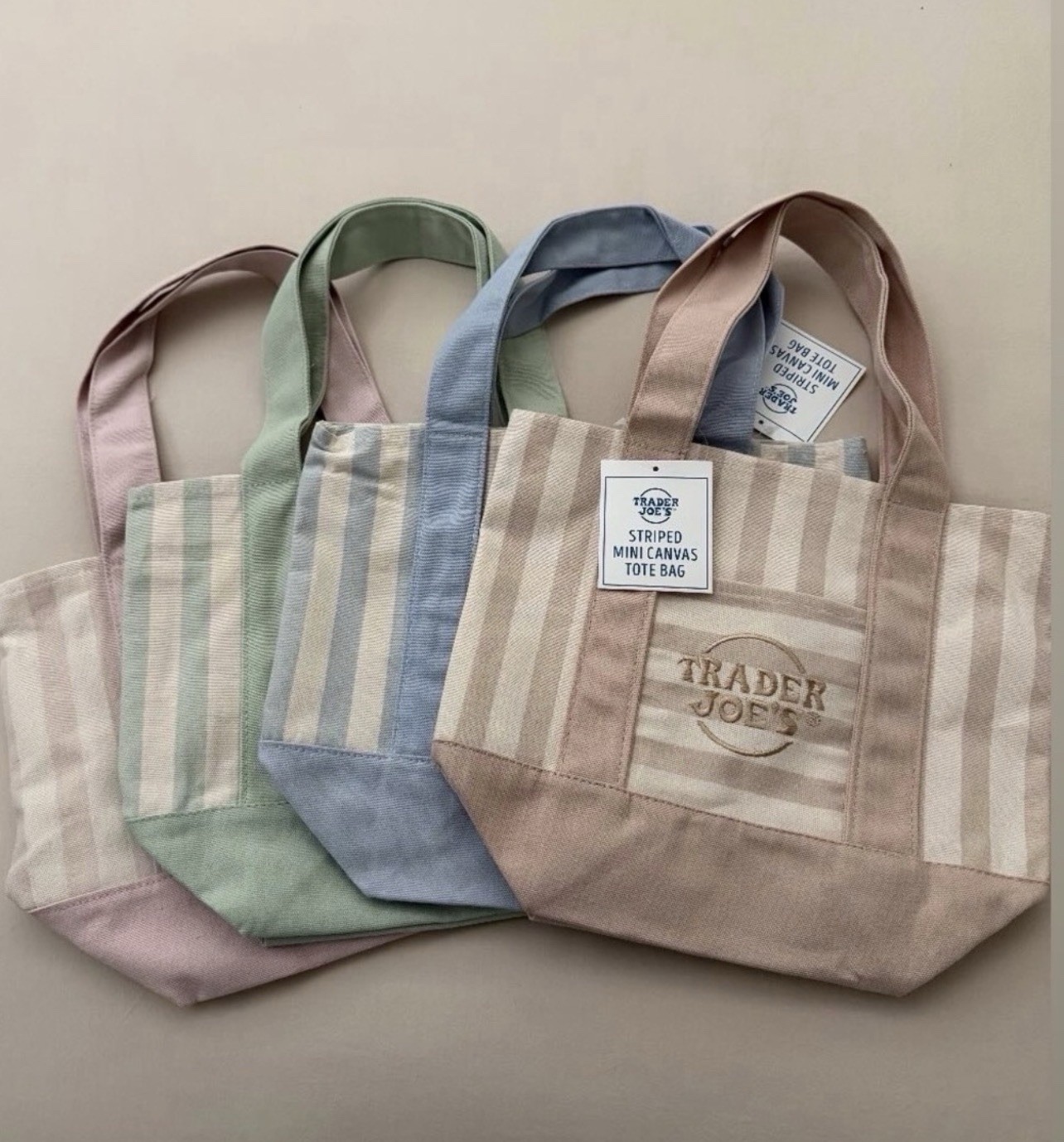 BRAND NEW with TAGS - Trader Joe’s - Striped Mini Canvas Tote Bag - Set of 4 gallery