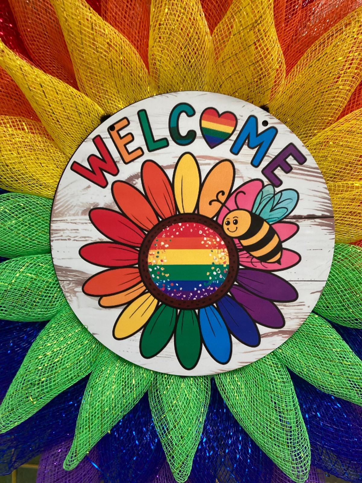 Handmade Rainbow Pride Wreath, Inclusion Door Decor, Vibrant Allyship Hanger gallery