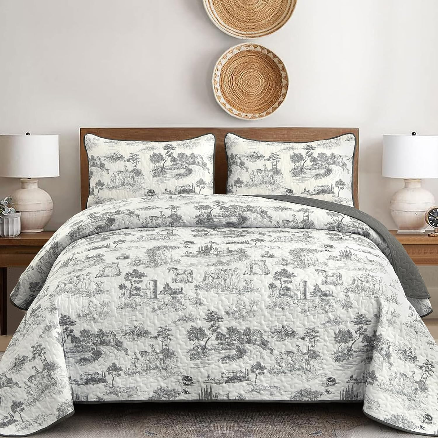 Grey Farmhouse Quilt Set, Toile Rustic Bedspreads, 3 Pieces Village Landscape Pr gallery