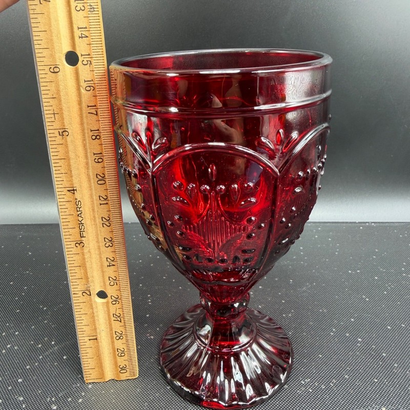 Fitz & Floyd Trestle Ruby Glass Goblets Embossed Medallion Teardrop Pattern Set2 gallery