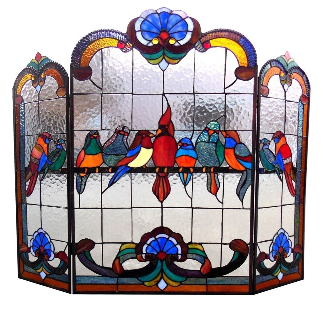 Fireplace Screen Tiffany Style Stained Glass 3 Section Gathering of Birds 32x40 gallery