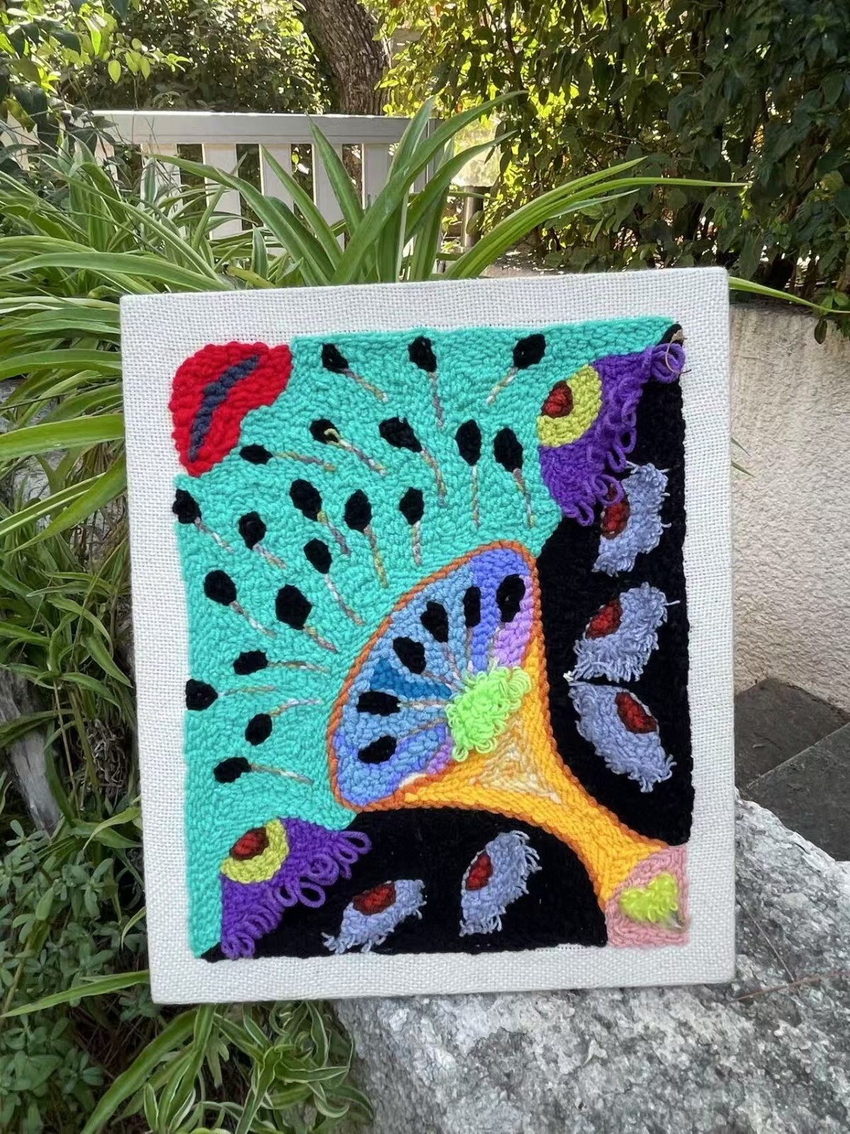 Handmade Abstract Punch Needle Fiber Art Wall Hanging - Colorful Yarn on Fabric gallery