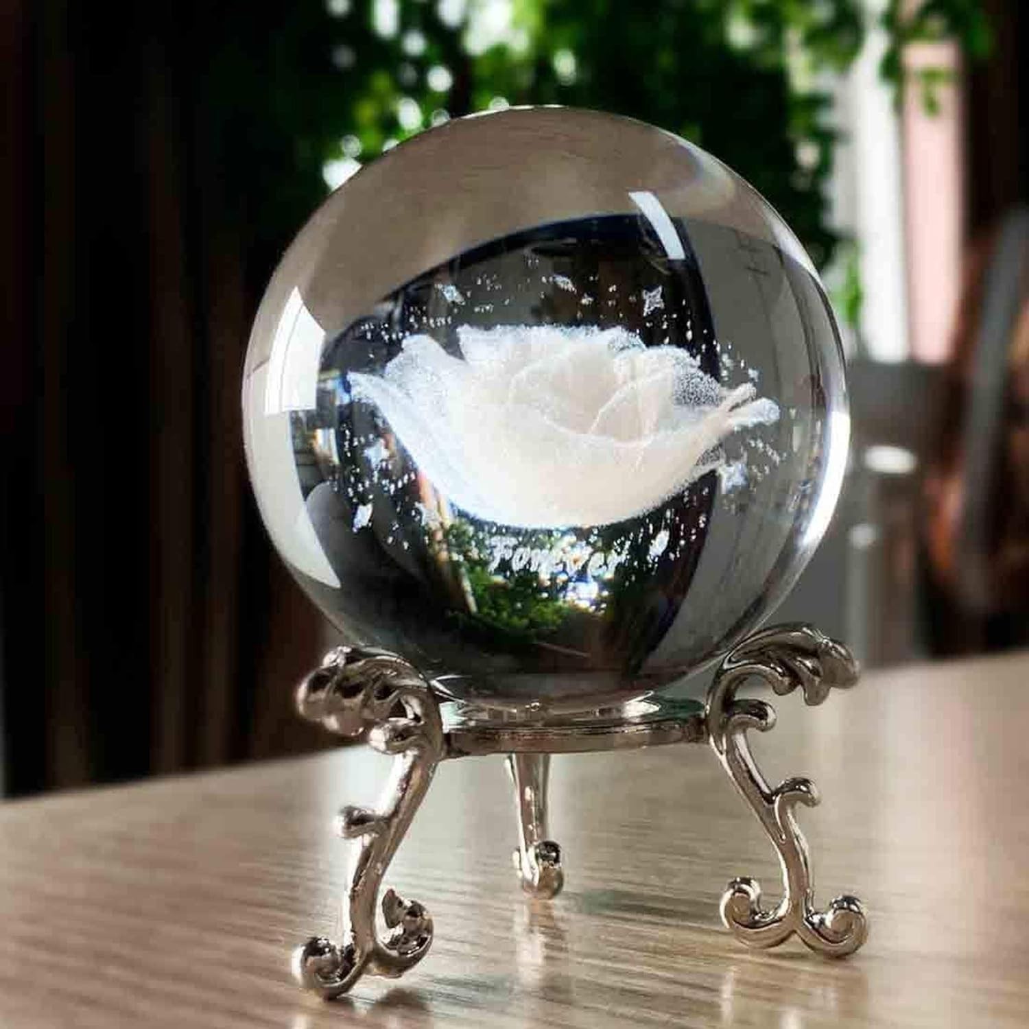 60mm 3D Inner Engraved Rose Flower Crystal Ball Paperweight with Sliver Stand gallery