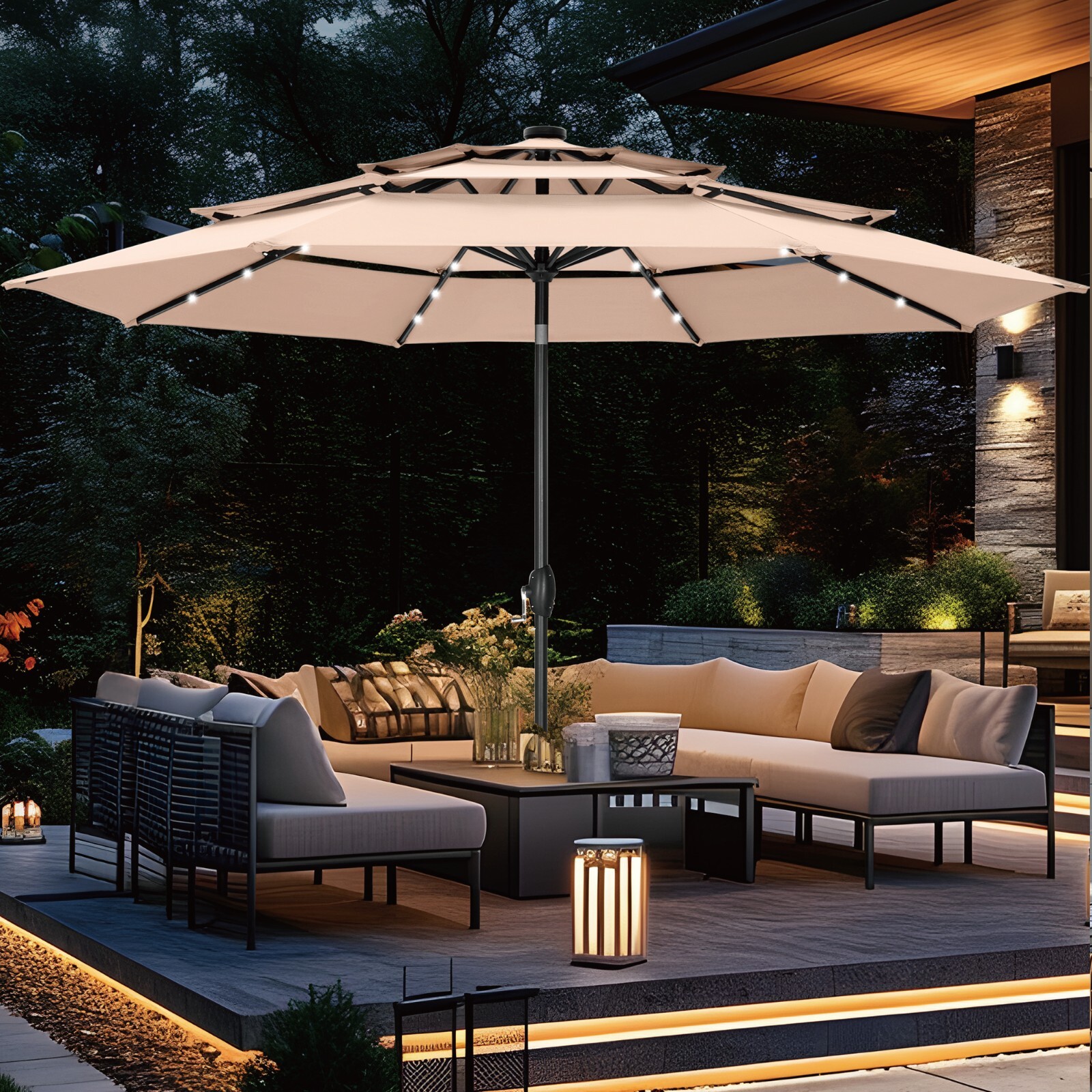 10FT 3 Tier Patio Umbrella LED Lights Solar Market Umbrella w/Tilt Crank Outdoor gallery