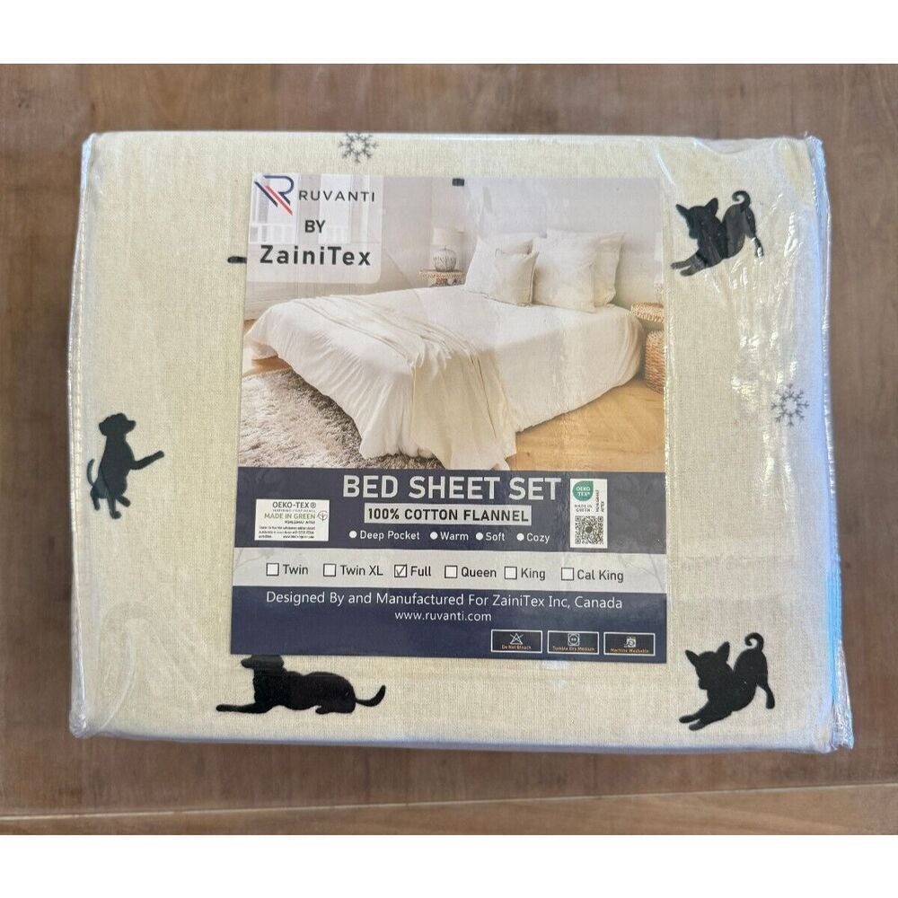 NEW RUVANTI By ZainiTex 4pc Full Size Black Dog 100 % Cotton Flannel Sheet Set gallery