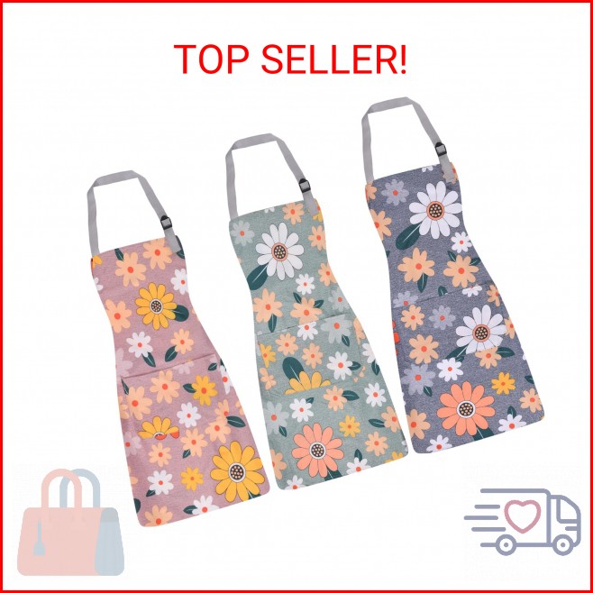 DAOLONG 3 Pack ‌Floral Apron‌ for Women with Pockets, Adjustable ‌Aprons for Wom gallery
