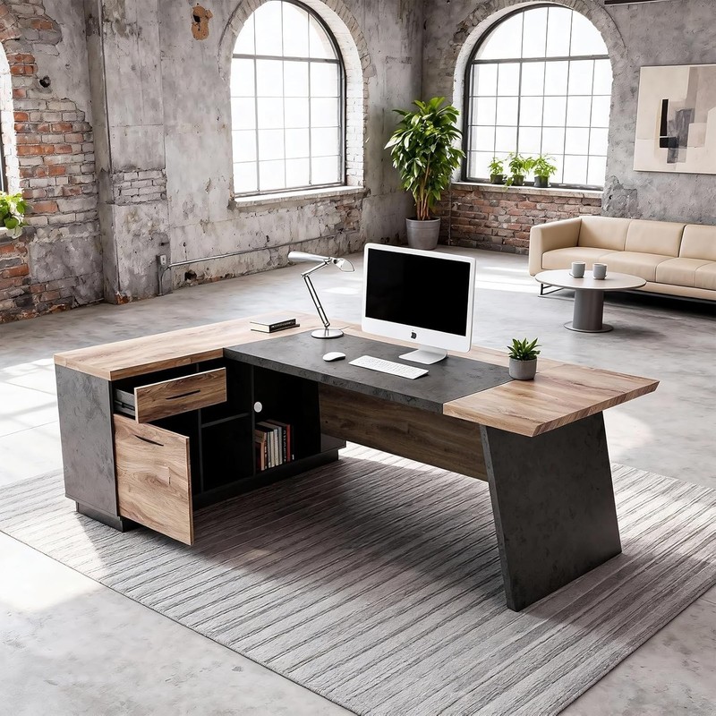 78.74in L-Shaped Large Computer Executive Office Desk w/Drawers & Storage Shelve gallery