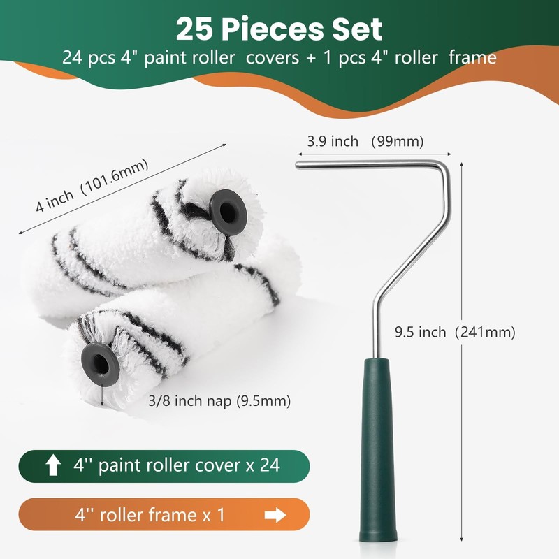 Microfiber Paint Roller Covers 24 Pack 4 Inch (3/8 Inch Nap) Frame Small Rollers gallery